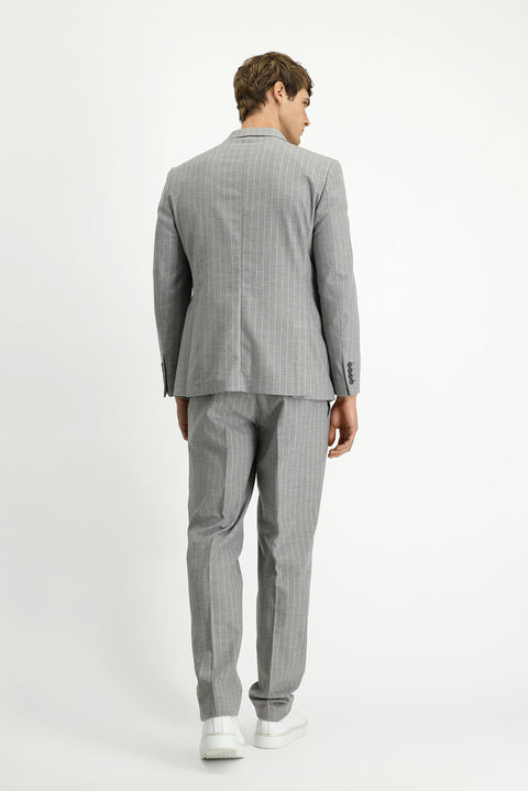 Açık Vizon 7 Drop Slim Fit Dar Kesim Çizgili Beli Tokalı Kruvaze Takım Elbise