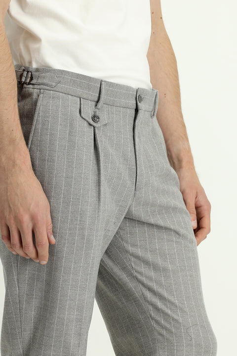 Açık Vizon 7 Drop Slim Fit Dar Kesim Çizgili Beli Tokalı Kruvaze Takım Elbise