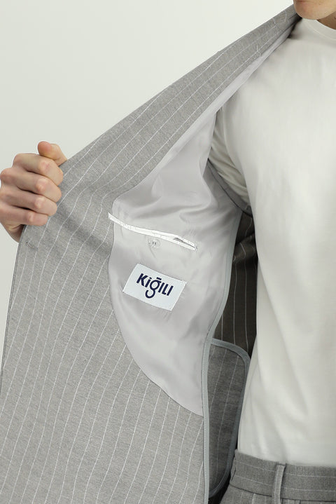 Açık Vizon 8 Drop Muscle Fit Uzun Atletik Kesim Çizgili Beli Tokalı Kruvaze Takım Elbise