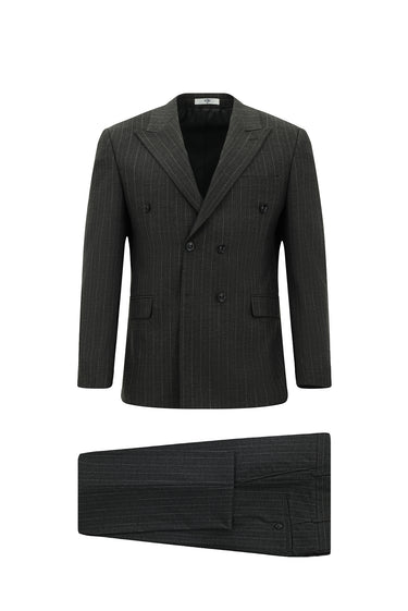  Koyu Füme Relaxed Fit Rahat Kesim Çizgili Kruvaze Takım Elbise