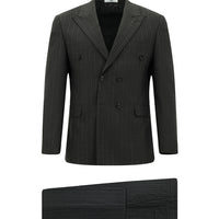 Koyu Füme Slim Fit Dar Kesim Çizgili Kruvaze Takım Elbise