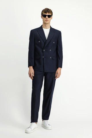  Koyu Lacivert Slim Fit Dar Kesim Çizgili Kruvaze Takım Elbise