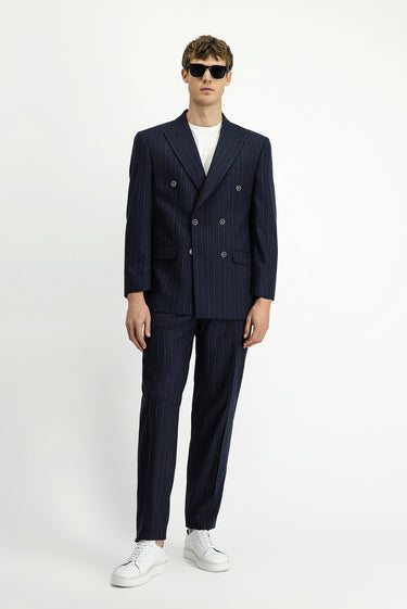 Koyu Lacivert Slim Fit Dar Kesim Çizgili Kruvaze Takım Elbise
