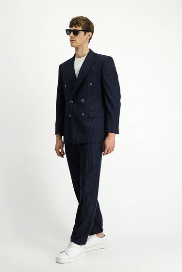 Koyu Lacivert Slim Fit Dar Kesim Çizgili Kruvaze Takım Elbise