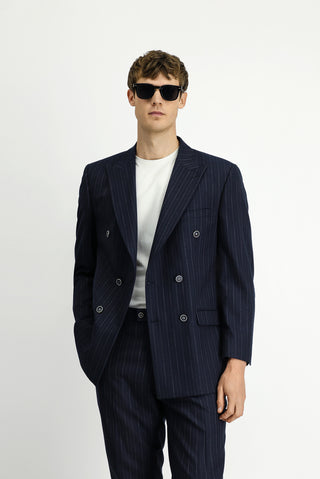  Koyu Lacivert 4 Drop Relaxed Fit Rahat Kesim Çizgili Kruvaze Takım Elbise