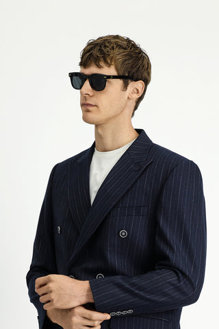  Koyu Lacivert Slim Fit Dar Kesim Çizgili Kruvaze Takım Elbise