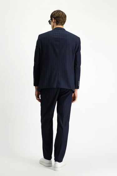 Koyu Lacivert Slim Fit Dar Kesim Çizgili Kruvaze Takım Elbise