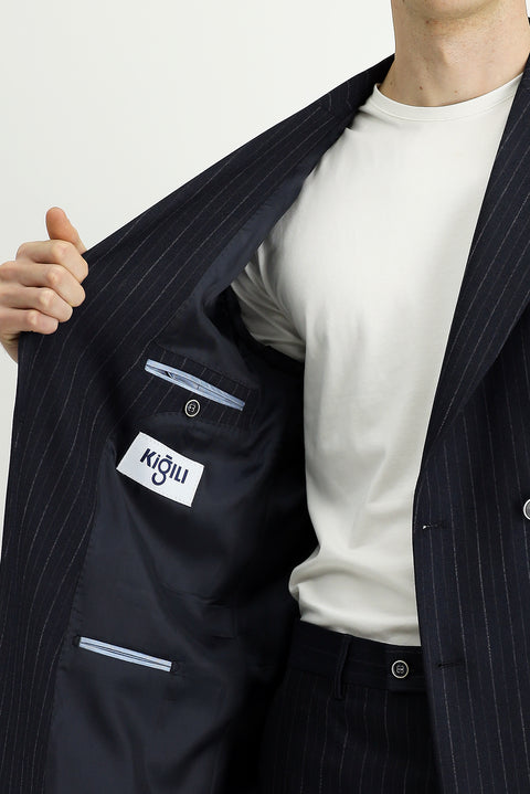 Koyu Lacivert 7 Drop Slim Fit Dar Kesim Çizgili Kruvaze Takım Elbise