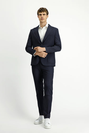  Koyu Lacivert Regular Fit Çizgili Klasik Takım Elbise