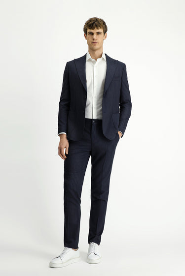 Koyu Lacivert Regular Fit Çizgili Klasik Takım Elbise