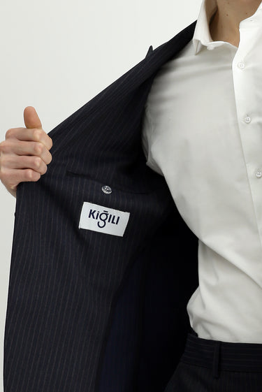 Koyu Lacivert Regular Fit Çizgili Klasik Takım Elbise