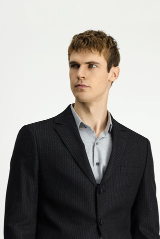  Siyah Regular Fit Klasik Çizgili Takım Elbise