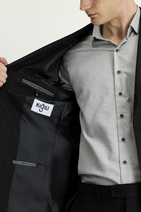 Siyah 6 Drop Regular Fit Standart Kesim Çizgili Takım Elbise