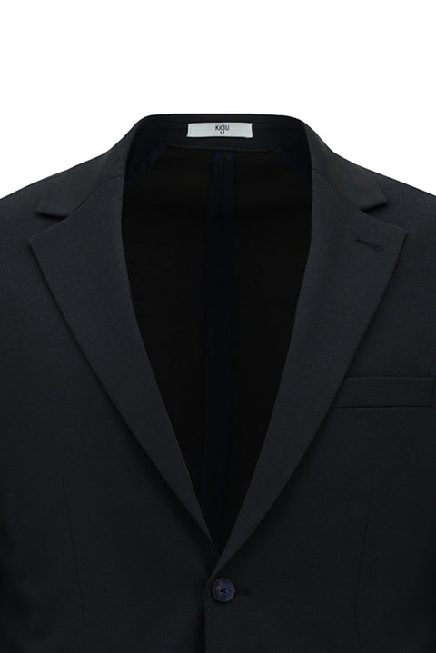 Orta Lacivert 8 Drop Long Slim Fit Uzun Dar Kesim Mono Yaka Beli Lastikli İpli Örme Likralı Esnek Çizgili Yarım Astar Takım Elbise