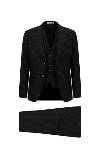  Siyah 7 Drop Slim Fit Dar Kesim Çizgili Kombinli Yelekli Takım Elbise