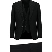 Siyah 7 Drop Slim Fit Dar Kesim Çizgili Kombinli Yelekli Takım Elbise