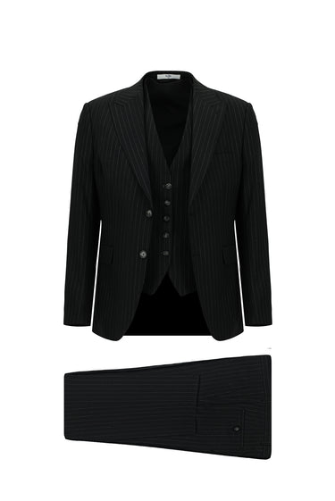  Siyah Slim Fit Dar Kesim Çizgili Kombinli Yelekli Takım Elbise