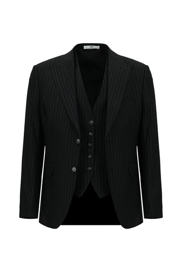  Siyah Slim Fit Dar Kesim Çizgili Kombinli Yelekli Takım Elbise