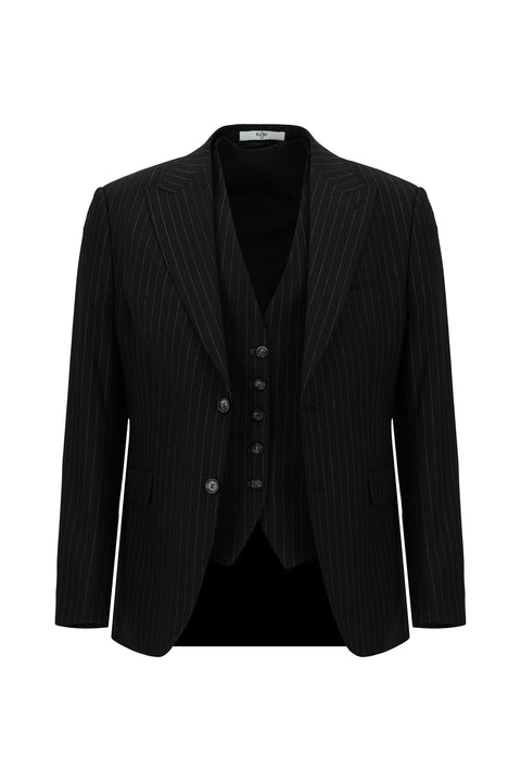 Siyah 7 Drop Slim Fit Dar Kesim Çizgili Kombinli Yelekli Takım Elbise