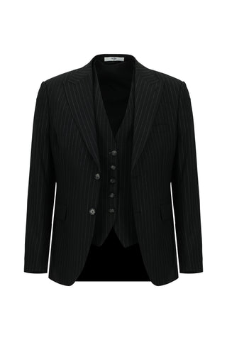  Siyah 7 Drop Slim Fit Dar Kesim Çizgili Kombinli Yelekli Takım Elbise