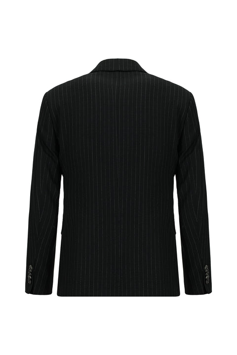Siyah 7 Drop Slim Fit Dar Kesim Çizgili Kombinli Yelekli Takım Elbise
