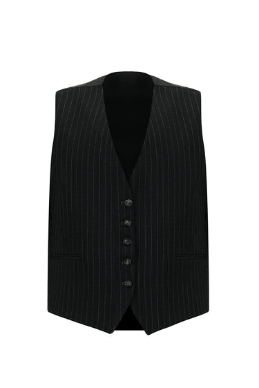  Siyah Slim Fit Dar Kesim Çizgili Kombinli Yelekli Takım Elbise