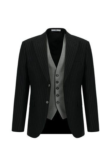 Siyah 7 Drop Slim Fit Dar Kesim Çizgili Kombinli Yelekli Takım Elbise
