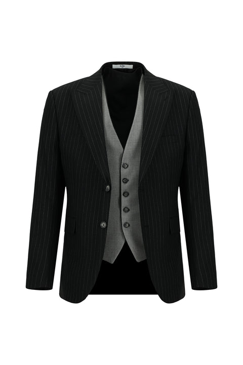 Black 6 Drop Regular Fit Standard Cut Striped Suit with Vest