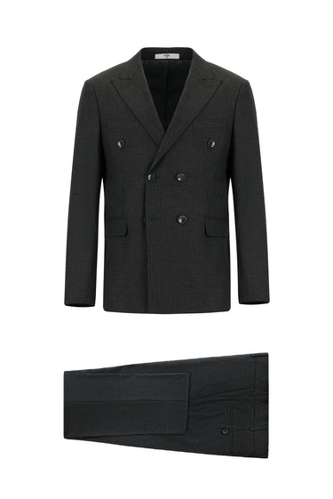  Koyu Füme Super Slim Fit Ekstra Dar Kesim Çizgili Yünlü Kruvaze Takım Elbise