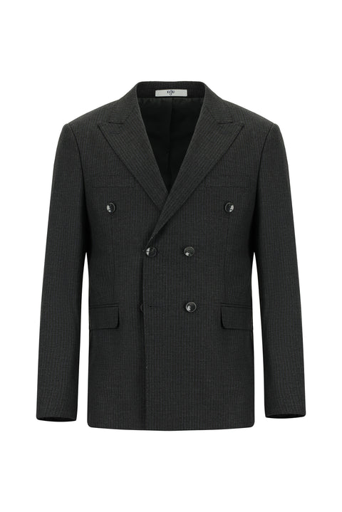 Dark Gray 7 Drop Slim Fit Striped Wool Double-Breasted Suit