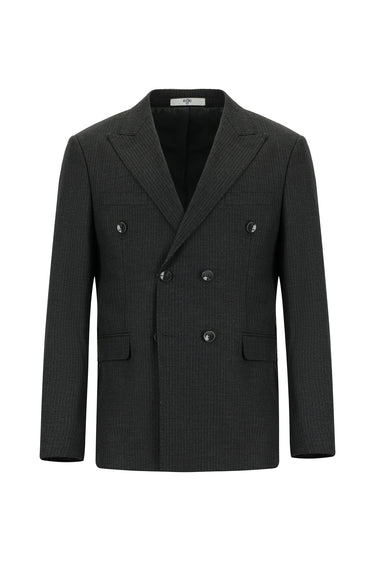  Koyu Füme Slim Fit Dar Kesim Çizgili Yünlü Kruvaze Takım Elbise