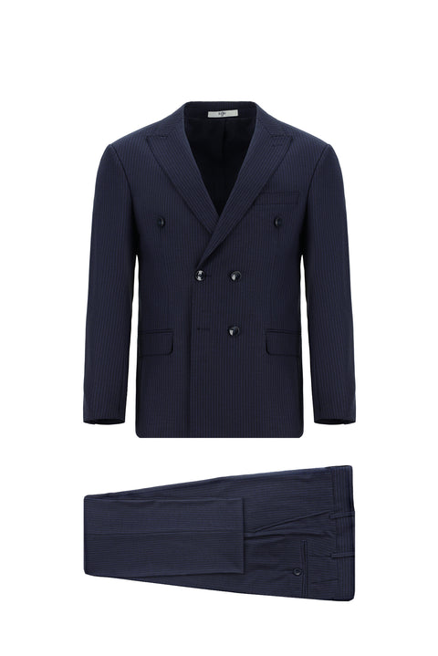 Koyu Lacivert 7 Drop Super Slim Fit Eksra Dar Kesim Çizgili Yünlü Kruvaze Takım Elbise