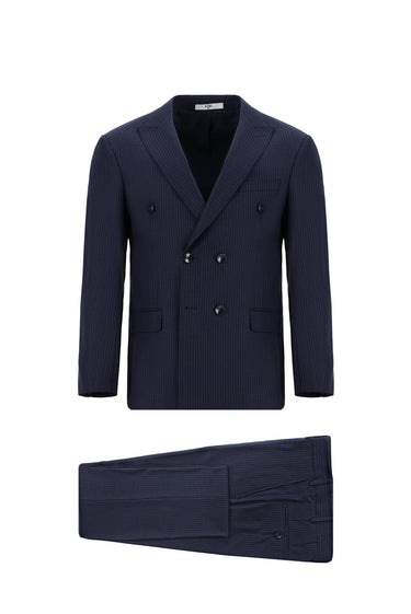  Koyu Lacivert Super Slim Fit Ekstra Dar Kesim Çizgili Yünlü Kruvaze Takım Elbise