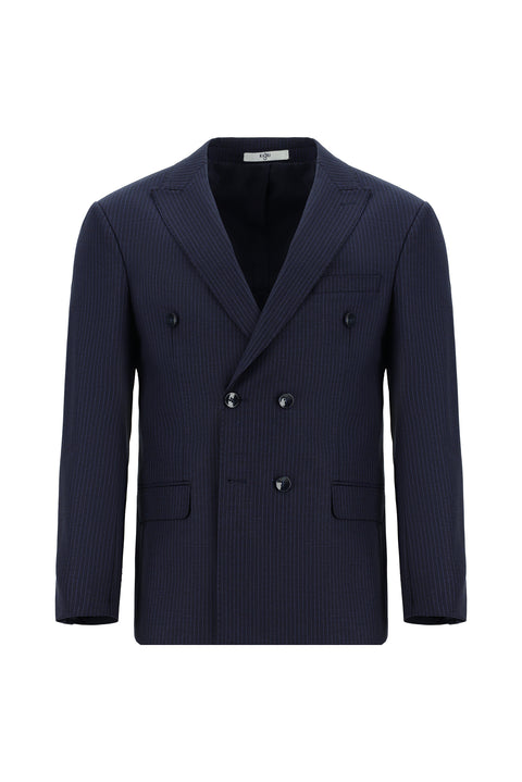 Koyu Lacivert 7 Drop Slim Fit Dar Kesim Çizgili Yünlü Kruvaze Takım Elbise