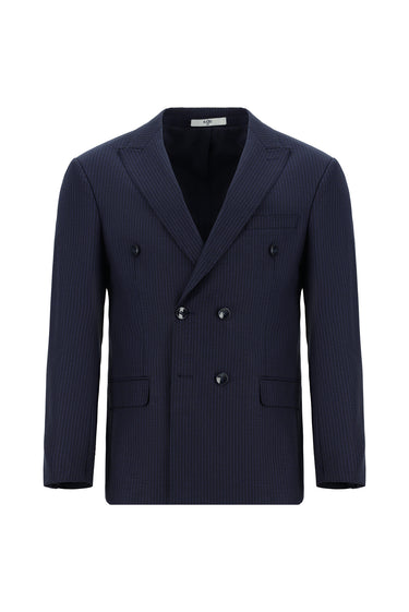  Koyu Lacivert Slim Fit Dar Kesim Çizgili Yünlü Kruvaze Takım Elbise