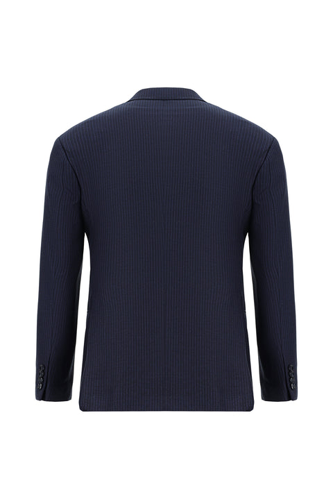 Koyu Lacivert 7 Drop Slim Fit Dar Kesim Çizgili Yünlü Kruvaze Takım Elbise