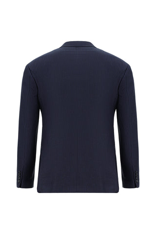  Koyu Lacivert 7 Drop Slim Fit Dar Kesim Çizgili Yünlü Kruvaze Takım Elbise