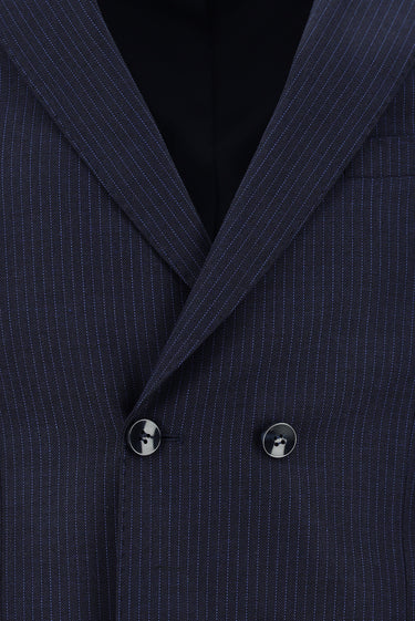  Koyu Lacivert Slim Fit Dar Kesim Çizgili Yünlü Kruvaze Takım Elbise