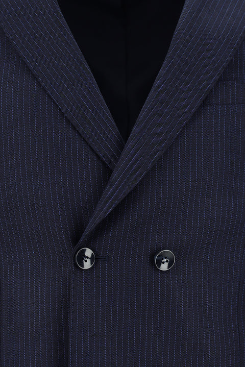Koyu Lacivert 7 Drop Slim Fit Dar Kesim Çizgili Yünlü Kruvaze Takım Elbise