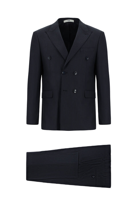 Black and Navy Blue 7 Drop Slim Fit Striped Wool Double-Breasted Suit