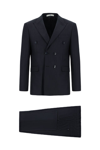  Siyah Lacivert 7 Drop Super Slim Fit Eksra Dar Kesim Çizgili Yünlü Kruvaze Takım Elbise