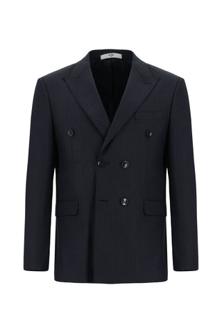  Siyah Lacivert 7 Drop Slim Fit Dar Kesim Çizgili Yünlü Kruvaze Takım Elbise