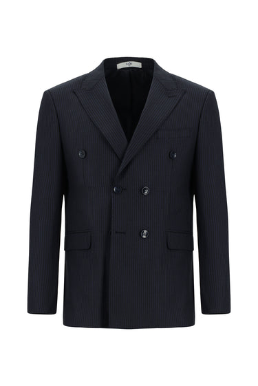  Siyah Lacivert Slim Fit Dar Kesim Çizgili Yünlü Kruvaze Takım Elbise