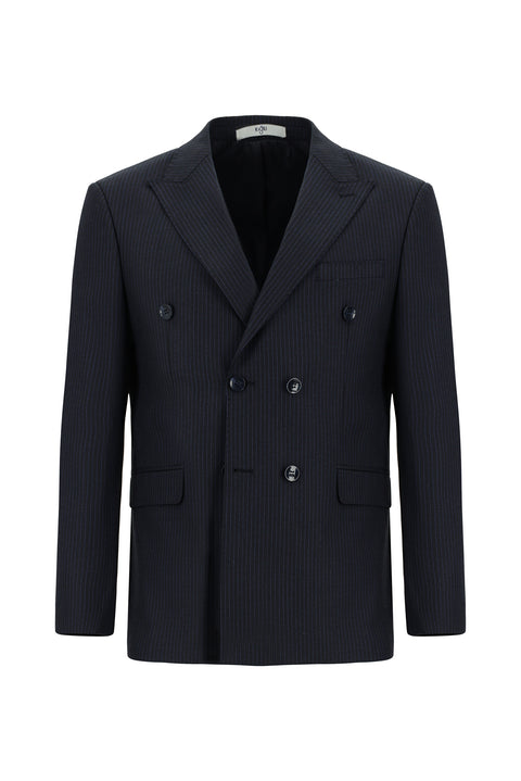 Black and Navy Blue 7 Drop Slim Fit Striped Wool Double-Breasted Suit