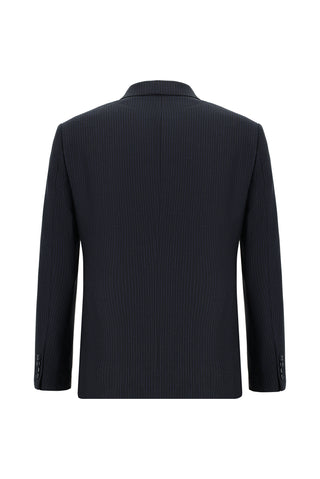  Siyah Lacivert 7 Drop Slim Fit Dar Kesim Çizgili Yünlü Kruvaze Takım Elbise