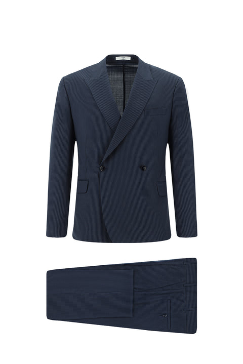 Koyu Lacivert 7 Drop Slim Fit Dar Kesim Yünlü Çizgili Beli Lastikli İpli Kruvaze Takım Elbise