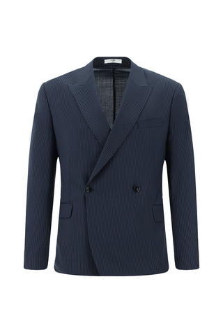  Koyu Lacivert Slim Fit Dar Kesim Yünlü Çizgili Beli Lastikli İpli Kruvaze Takım Elbise