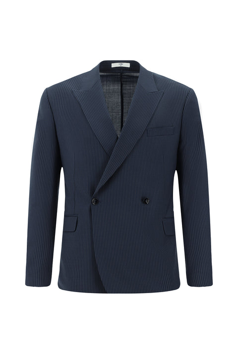 Koyu Lacivert 7 Drop Slim Fit Dar Kesim Yünlü Çizgili Beli Lastikli İpli Kruvaze Takım Elbise