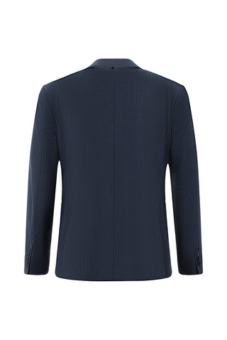  Koyu Lacivert Slim Fit Dar Kesim Yünlü Çizgili Beli Lastikli İpli Kruvaze Takım Elbise