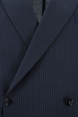  Koyu Lacivert Slim Fit Dar Kesim Yünlü Çizgili Beli Lastikli İpli Kruvaze Takım Elbise